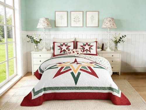 Vohanide Handmade Queen Size Patchwork Quilt Set with Embroidered Cardinal & Stars - Rustic Farmhouse Cotton Bedding - Crimson, Forest Green & Gold - All Season Decorative Quilt - Image 1