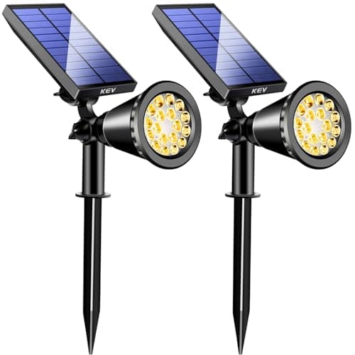 KEV 800 Lumens Solar Spot Lights Outdoor,18 LEDs Solar Flood Lights with 2 Modes &Adjustable &IPX65 Waterproof,Solar Spotlight for Driveway/Backyard/Patio Landscape/Tree/Garage(Warm White,2 Pack)