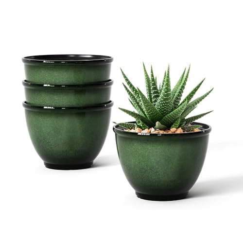 Vanslogreen 8 Inch Plastic Plant Pots, Set of 4 Flower Pots Planters with Drainage Hole, Glossy Smooth Finish Planter for Indoor Outdoor Succulent Snake Plants (Green) - Image 1