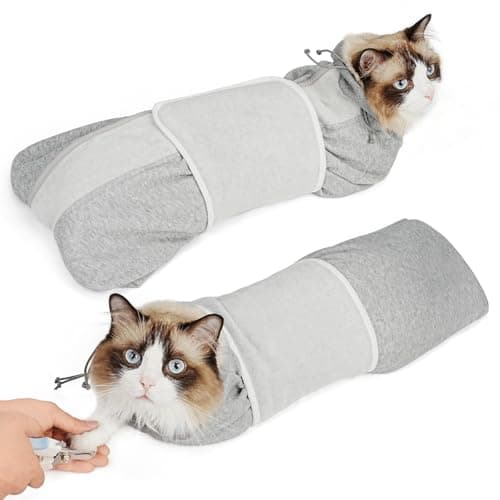 Supet Cat Grooming Wrap for Cutting Nails, Self-Adhesive Anti-Scratch Swaddle with Bite-Proof Mesh Hood & Thick Waist Strap Anti-Escape Bag for Nail Trimming, Medication, Ear Cleaning (Grey S)