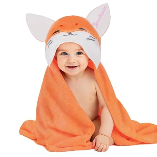 Individz Custom Hooded Bath Towel with Name, Personalized Highly Absorbent Bunny Towels, Baby Bath Towels for Girls Boys, Brithday for Baby, Toddler, Newborn (Orange-Fox) - Image 1