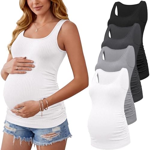 Ekouaer 4 Pack Maternity Tank Tops Ribbed Summer Pregnancy Shirts Ruch Side Tops Casual Square Neck Postpartum Clothes Black/Dark Grey/Light Grey/White M - Image 1