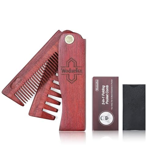 Woduelka 2 In 1 Folding Pocket Comb - Wooden Beard & Hair Styling Tool for Men, Fine Tooth & Wide Tooth Small Comb for Grooming Hair, Beards and Mustache, 180° Rotatable for Outdoor Travel & Home Use - Image 1