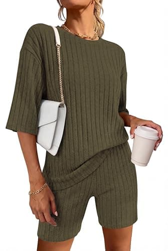 KIRUNDO Short Sets For Women Summer 2 Piece Matching Lounge Sets Casual Rib Knit Tshirts Biker Shorts Beach Vacation Outfits (Army Green, Small) - Image 1