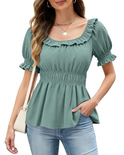 Womens Short Sleeve Babydoll Tops Square Neck Ruffle Peplum Blouse Smocked Loose Fit Tunic Top Dressy Tee Shirts Green - Image 1