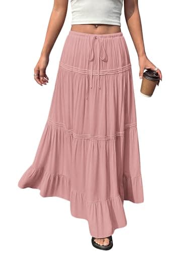 BTFBM Spring Skirts for Women 2026 Summer Boho Beach Vacation Clothes Casual Pleated High Waisted Flowy Maxi Skirt(Pink, X-Large) - Image 1