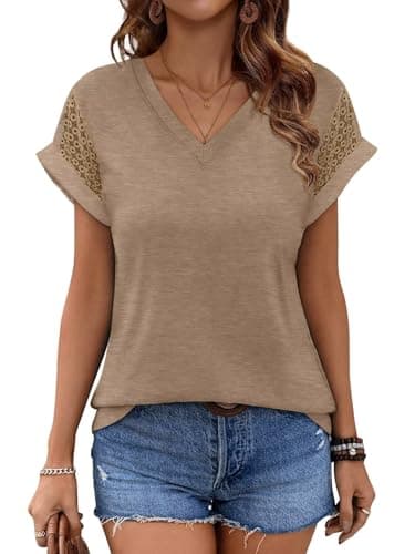 Bliwov Womens Summer Tops V Neck Lace Short Sleeve T Shirts Dressy Casual Business Outfits 2026 Spring Fashion Tee Clothes Khaki - Image 1