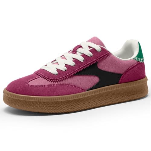Vilanva Women's Fashion Sneakers Casual Tennis Shoes with Genuine Suede Classic Retro Gum Sole Walking Trendy Footwear Pink Multi - Image 1