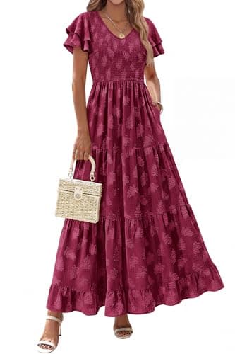 dowerme Maxi Dresses for Women 2026 Summer Ruffle Sleeve V Neck Smocked A Line Floral Boho Tiered Sundress Spring Outfit(Burgundy,XX-Large) - Image 1