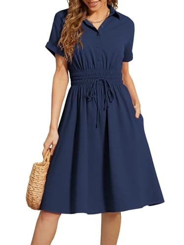 ECOWISH Spring Button Mini Shirt Dresses for Women V Neck Short Sleeve Petite Work Casual Smocked Empire Waist Dress Pockets Navy Blue Small - Image 1