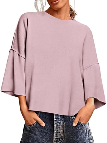 Saodimallsu Womens 3/4 Sleeve Sweaters Lightweight Crewneck Loose Pullover Casual Oversized Fall Knit Tops - Image 1