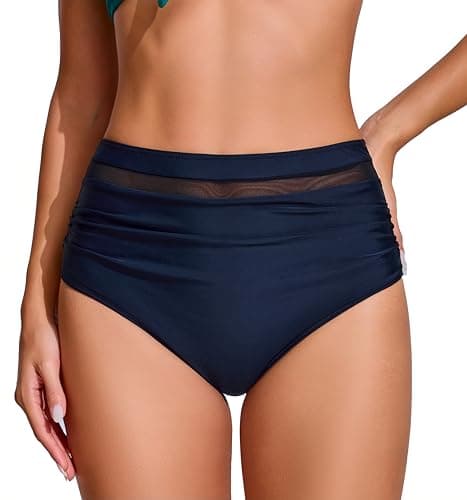 COCOPEAR Sexy High Waisted Bikini Bottoms for Women Ruched Mesh Swim Bottoms for Women Classic Full Coverage Bikini Bottoms Black M - Image 1