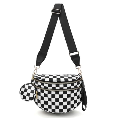 WOOMADA Checkered Crossbody Bag Bum Bag for Women, Spacious Nylon Fanny with Removable Wallets(2pcs-Black Checkerboard) - Image 1