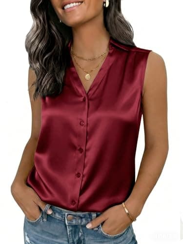 Funlingo Womens Satin Blouse Silky Dressy Satin Camisole Tops Sleeveless Button Down Basic Shirts V Neck Professional Dressy Casual Clothes Wine Red XL - Image 1