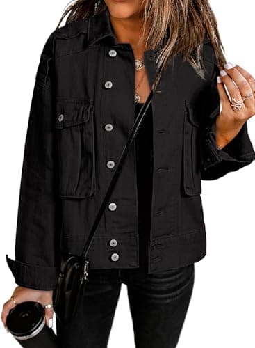 Dokotoo Spring Outfits for Women 2025 Button Up Cargo Trucker Jackets with Pockets Womens Fashion Women Clothing Cargo Denim Outwear Black Large - Image 1