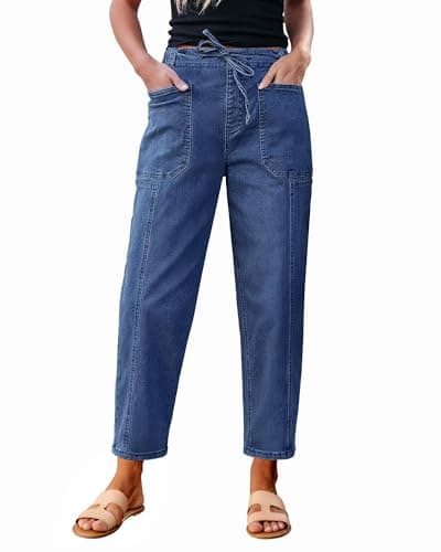 luvamia Blue Jeans for Women High Waisted Pull On Jeans for Women Women's Relaxed Fit Barrel Leg Pants Womens Stretchy Denim Cute Baggy Pants Medium Blue Size Medium Fits US 8-10 - Image 1