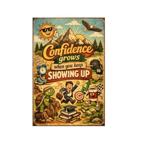 Vintage Tin Sign - Confidence Grows When You Keep Showing Up – Motivational Metal Art Poster for Home, Office, Gym, Workshop – Inspirational Quote for Persistence & Success – 8x12 Inch - Image 1