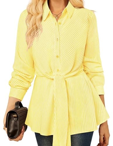 GRACE KARIN Peplum Tops for Women Tie Front Striped Button Down Shirt Collared Long Sleeve Business Casual Work Office Blouse Yellow - Image 1