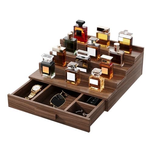 Gernshe Solid Walnut Cologne Organizer for Men,Cologne Stand,4 Tier Wooden Cologne Holder Shelf Display,Perfume Stand Organizer with Drawer Storage and Hidden Compartment,Gift for Men Dad Husband - Image 1
