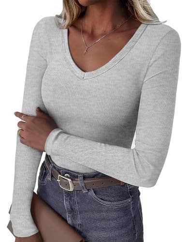 GKBK Women Long Sleeve V Neck Ribbed Knit Slim Fitted Shirts Basic Tee Cute Tshirts Going Out Tops 2025 Fall Winter Casual T Shirts Blouse Outfits Work Fashion Trendy Clothe Grey XL - Image 1