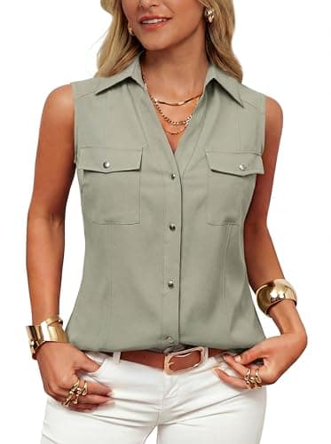 GRACE KARIN Women Sleeveless Button Down Shirts, Summer Solid Dressy Casual Blouse, V Neck Tank Top Business Work 2026 Trendy Light Green X-Large - Image 1