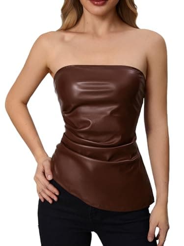 MakeMeChic Women's Leather Corset Tops Strapless Tube Asymmetrical Ruched Backless Crop Going Out Tops Coffee Brown Medium - Image 1