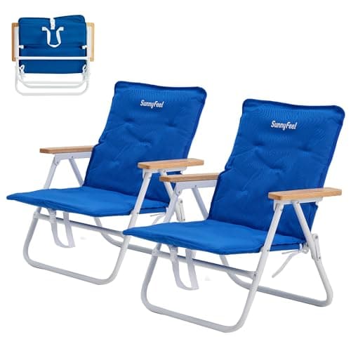 SUNNYFEEL Foldable Beach Chair, Beach Chair Backup with Wood Armrest & Cushion, Lightweight Camping Chair Heavy Duty for Beach, Camping, Lawn, Outdoor, Blue, 2 Pack - Image 1