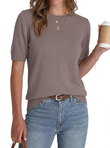 BTFBM Short Sleeve Sweater for Women Spring Tops Crew Neck Lightweight Pullover Loose Dressy Casual Blouse Basic Clothes(Apricot Khaki, Small) - Image 1
