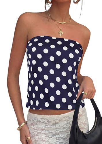 PRETTYGARDEN Strapless Tube Tops for Women 2026 Summer Sleeveless Backless Polka Dot Going Out Top Bandeau Cute Y2k Shirt (Dot Dark Blue White,Medium) - Image 1