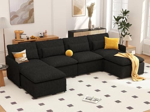 Maakkuu 129" U Shaped Couch, Modular Sectional Sofa with Moveable Ottoman, Large Deep Seat Chenille Sofa for Living Room, Oversized Modern Comfy Couch for Apartment, Office - Image 1