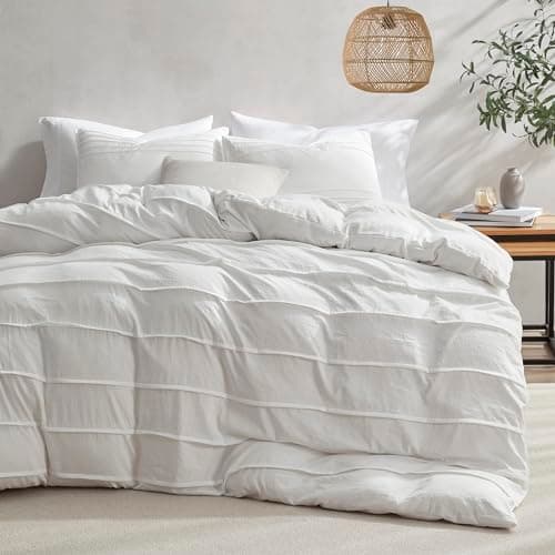 Oli Anderson White Duvet Cover Queen Size - Pleated Queen Duvet Cover, 3PCS Soft and Breathable Textured Bedding Set with Zipper Closure(White,90"x90") - Image 1