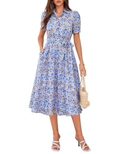 GRACE KARIN 2026 Cotton Summer Boho Midi Dresses for Women Puff Short Sleeve Shirt Dresses Flowy Floral A-line Wedding Guest Dress with Pocket Belt Blue Orange M - Image 1