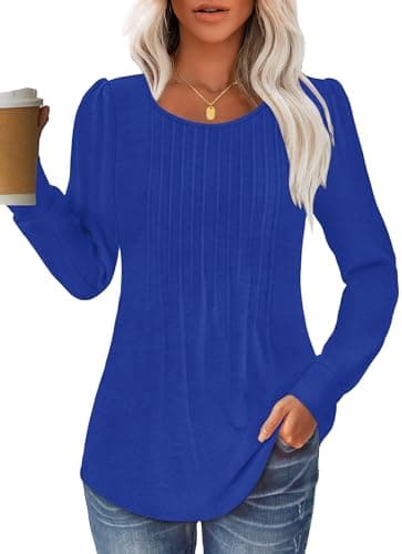 GKBK Women Long Sleeve Shirts Fall Tops Dressy Pleated Scooped Neck Tunic Tops for Leggings Royal Blue M - Image 1