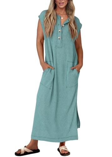 KIRUNDO Womens Summer Dresses 2026 Spring Ribbed Knit Henley Short Sleeve Maxi Dress Button Up Loose Beach Vacation Sundress(Bean Green, XX-Large) - Image 1