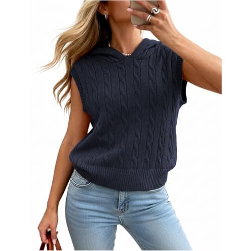 Truwelby Women’s Sweater Vest Sleeveless Cable Hoodies Casual Knit Sweater Solid Lightweight Pullover Summer Hooded Tank Tops (Navy Blue, XL) - Image 1