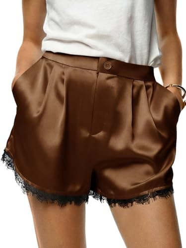 Tankaneo Womens Satin Silk Shorts Summer Casual High Waist Lace Button Lounge Shorts with Pockets Brown - Image 1