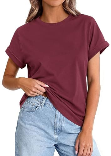 PRETTYGARDEN Womens Summer Tops 2026 Spring Casual Rolled Short Sleeve Basic Tees Crew Neck Work Shirts Fashion Clothing (Wine Red,Medium) - Image 1