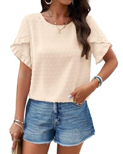 PRETTYGARDEN Womens Tops 2025 Ruffle Plain Lightweight Soft Tee Shirts Elegant Boho Blouses for Party Holiday Vacation(Beige,Large) - Image 1