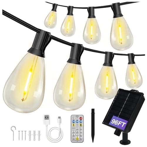 DAYBETTER 96FT Solar String Lights Outdoor Waterproof with Remote & USB Port Dimmable & Timmer,Solar Patio Lights 30+1 LED Shatterproof Bulbs 8 Light Modes,String Lights for Outside Camping Backyard - Image 1