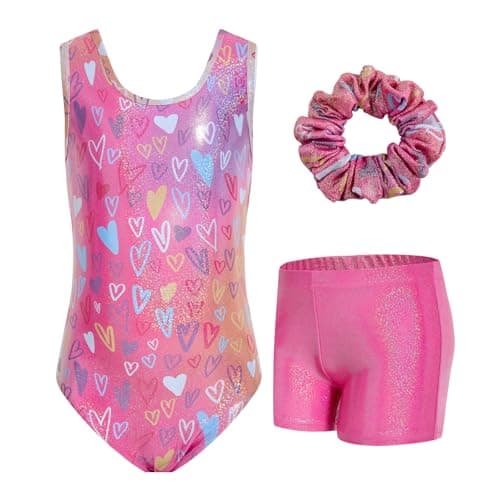 JiAmy Gymnastics Leotards for Girls, Sleeveless Sparkly Dance Biketards with Shorts Ballet Tumbling Outfit Pink Heart 8-9 Years - Image 1