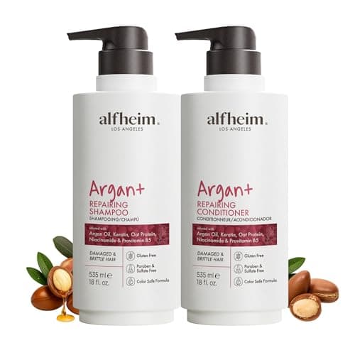 ALFHEIM Argan+ Repairing Shampoo & Conditioner Set for Dry, Damaged & Frizzy Hair with Argan Oil, Keratin, Oat Protein – Deep Repair, Moisture & Shine – Color Safe, Sulfate Free – 18 oz × 2 - Image 1