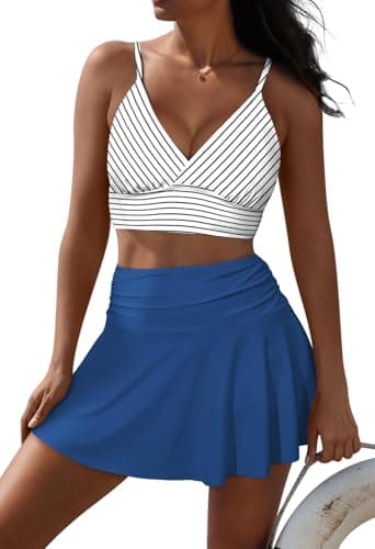 Pink Queen Women's High Waisted Bikini Set Two Piece Swimsuit V Neck Spaghetti Straps Swim Skirt Bathing Suit White Stripe S - Image 1