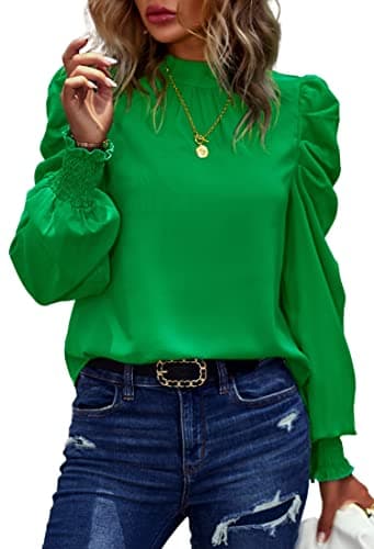 Angashion Womens Tops Casual Crewneck Long Lantern Sleeve Self Tie Blouses Solid Tunic Shirts 2025 Green Large - Image 1