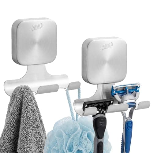 TAILI Powerful Suction Cup Razor Holder 2 Pack, Stylish 304 Stainless Steel Bathroom Suction Hooks for Towel, Loofah, Bathrobe, Shaver Holder for Shower Wall, Easy to Install and Reuse, Silver - Image 1