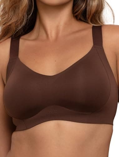 COMFELIE Wireless Minimizer Bra for Large Busts Seamless Full Coverage V-Neck Sleep Bra, Supportive Wirefree Adjustable Straps & Back Smoothing Dark Brown - Image 1