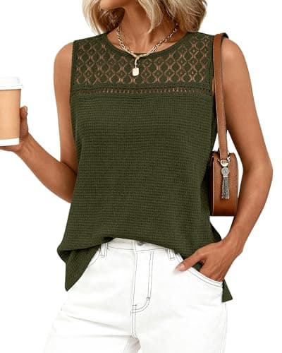 BTFBM Tank Top for Women 2026 Sleeveless Shirts Waffle Knit Vest Crew Neck Casual Outfits Loose Blouses Summer Tops(Army Green, XX-Large) - Image 1