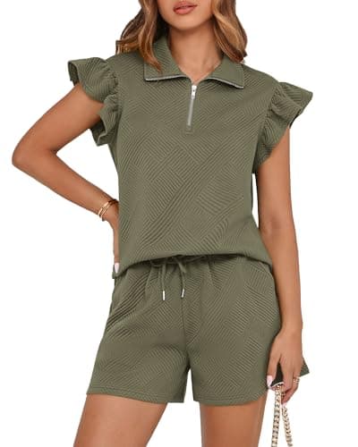 BTFBM Womens 2 Piece Outfits Spring Sweatsuit Zipper V Neck Casual Ruffle Cap Sleeve Tops Drawstring Shorts Lounge Sets(Army Green, Large) - Image 1