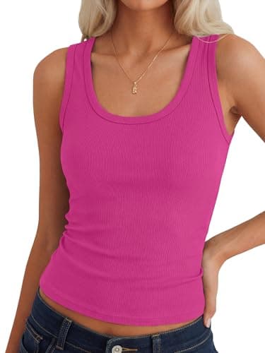 ANRABESS Womens Sleeveless Scoop Neck Tank Tops 2026 Summer Casual Basic Slim Fit Ribbed Knit Racerback Workout Cami Shirts Hot Pink-M - Image 1