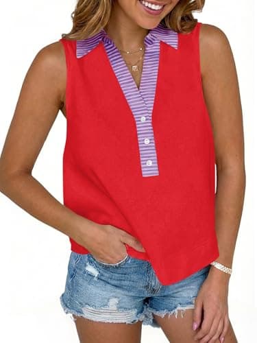 Tankaneo Womens V Neck Cropped Tank Tops Summer Dressy Casual Loose Fit Sleeveless Shirts Button Up Color Block Tees Red - Image 1