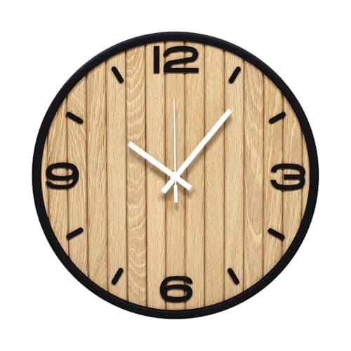 AXAORIRA 12 Inch Round Wall Clock Battery Operated, Wooden Decorative Analog Clocks Non-Ticking Quartz for Apartment, Living Room, Bedroom, Hallway, Classroom - Gifts for Family and Friends